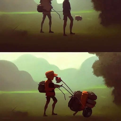 Image similar to goro fujita ilustration hiker unloading the car before camping, characterized by william adolphe bouguereau, character art, sharp focus, highly detailed, artstation