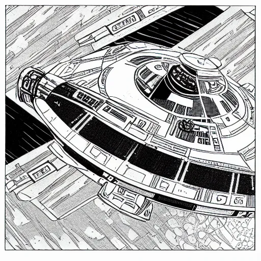 Image similar to black and white drawing of a landed spaceship with greebles, star wars, Nostromo, galactica