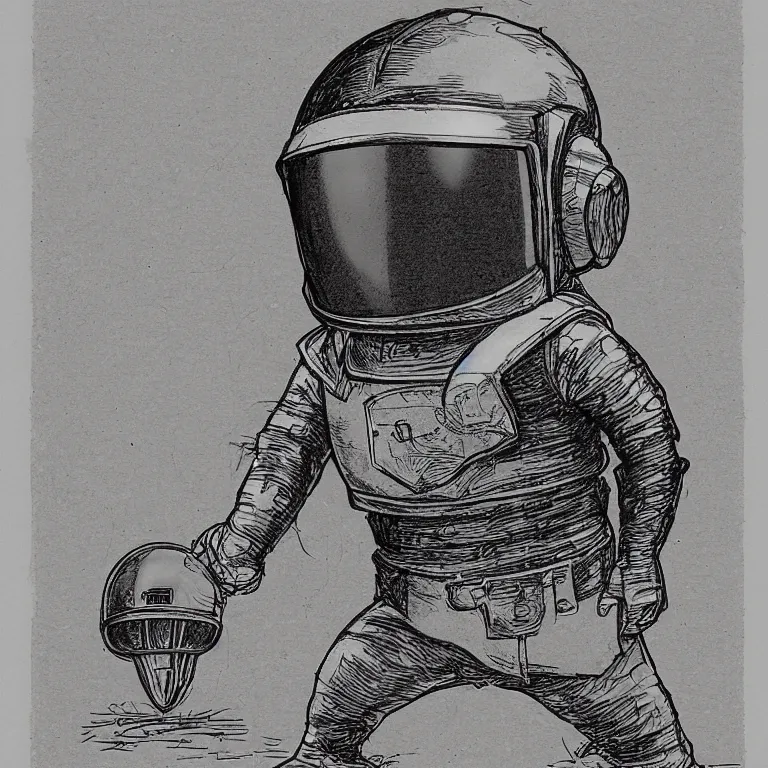 Image similar to sketch of a cute chibi dnd daft punk gnome inventor tinkerer wearing a helmet, walking cautiously, etching by louis le breton, moebius 1 8 6 9, 1 2 0 0 dpi scan