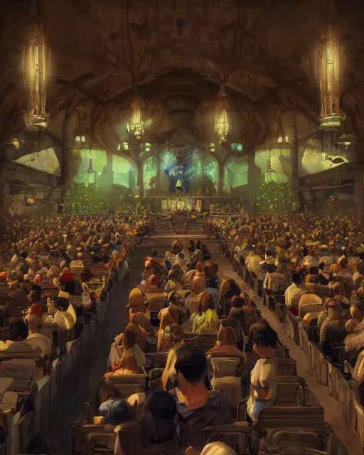 Prompt: craig mullins and ghibli digital illustration of a crowd in a futuristic church, priest, pews, ethereal, inviting, bright, raking light, unreal engine, hyper realism, realistic shading, cinematic composition, realistic render, octane render, detailed textures, photorealistic, wide shot