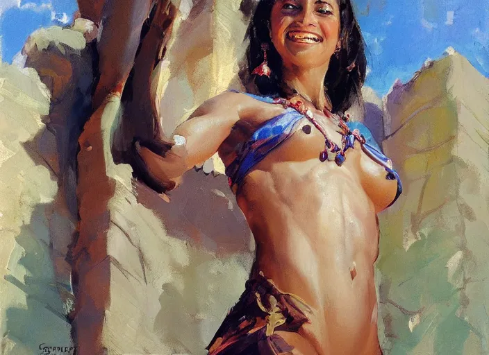 Image similar to a highly detailed beautiful portrait of a female short brown haired brown skinned genie, with abs, smiling, by gregory manchess, james gurney, james jean
