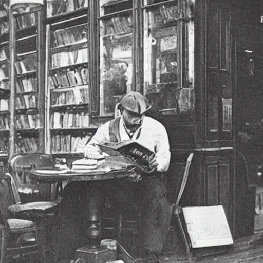 Prompt: a vintage photo of an 1 9 th century fisherman casually reading the necronomicon in a bustling cafe