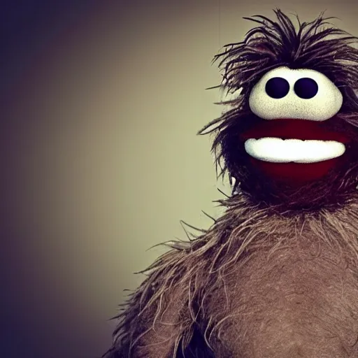 Image similar to a still of a forgotten muppet character looking very manly and modern, hilarious, laughing, hairy chest, huge chin, manly monster tough guy, roughled fur, photo real, photographic, photograph, artstation, trending, featured