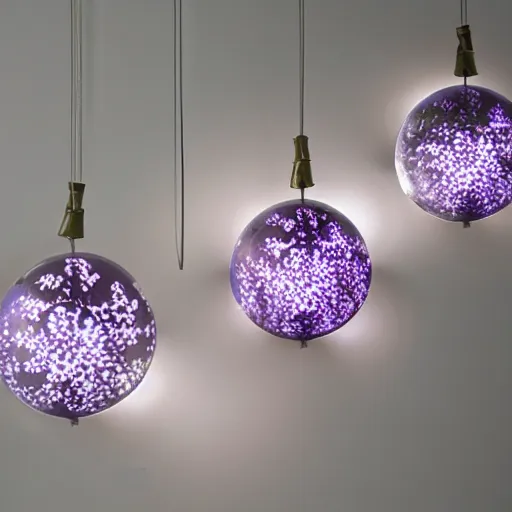 Image similar to 5 translucent luminous spheres, full of floral and berry fillings, in an ocean of lavender color