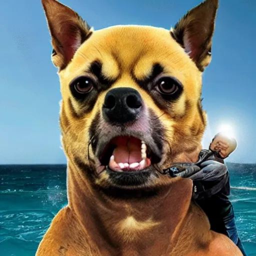 Prompt: photo of dwayne johnson riding a giant chihuaha, highly - detailed, sharp focus, award - winning