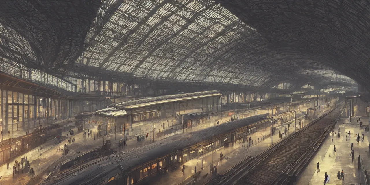 Prompt: an ultradetailed render of a grand cyberpunk train station. soft light, by artyon vlaskin and atkinson grimshaw, trending on artstation. supersonic trains and passengers. large led screens. octane render, 4 k hd wallpape