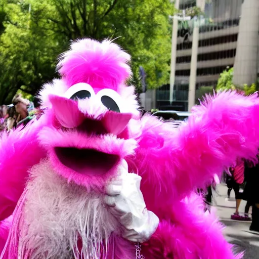 Image similar to hot pink feather boa muppet at furry convention, with furries in the background