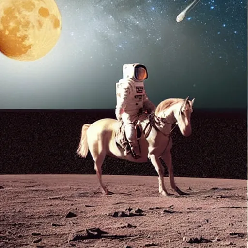 Prompt: photograph of an astronaut riding a horse on an asteroid, with a moon and a galaxy in the background