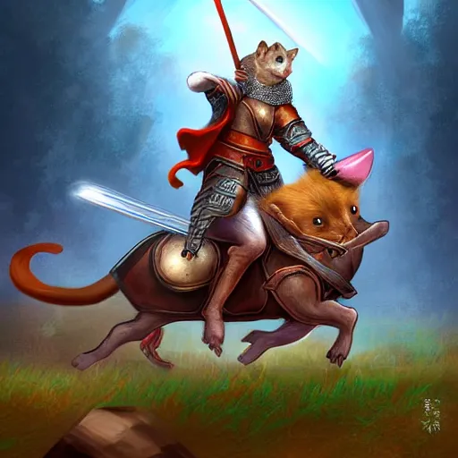 Image similar to hamster knight riding his trusty cat steed into battle, digital fantasy art, high resolution