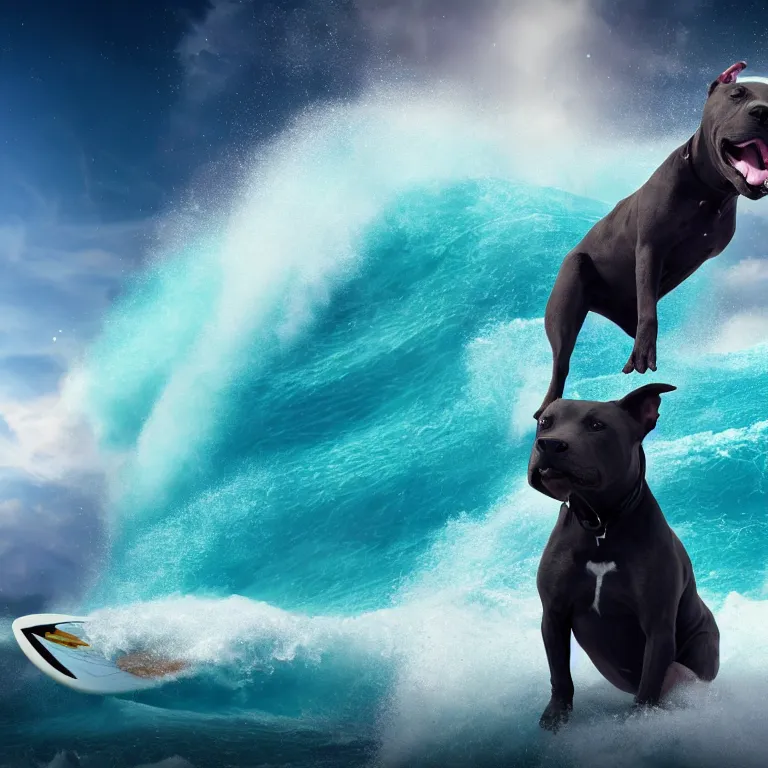 Image similar to photo of a dark coat pit bull with a white paws, surfing on a surfboard in a crashing wave of alien ocean in space, background is an alien galaxy, matte, aliens in the background, alien colors, octane render, unreal engine, wide view, 8 k, high detaild