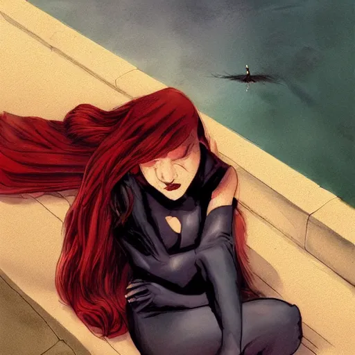 Image similar to a beautiful comic book illustration of a vampire woman with long red hair laying near a lake at night by Alex Maleev, featured on artstation