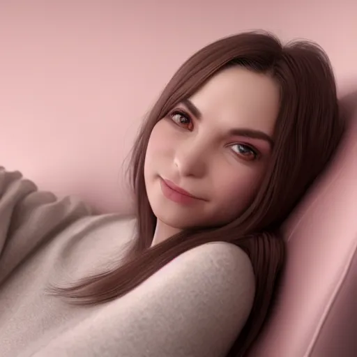 Image similar to 3 d render of a cute thin young woman, red blush, wearing casual clothes, small smile, relaxing on a couch, cuddling up under a blanket, cozy living room, medium shot, 8 k, octane render, trending on artstation, art by artgerm, unreal engine 5, hyperrealism, hyperdetailed, ultra realistic