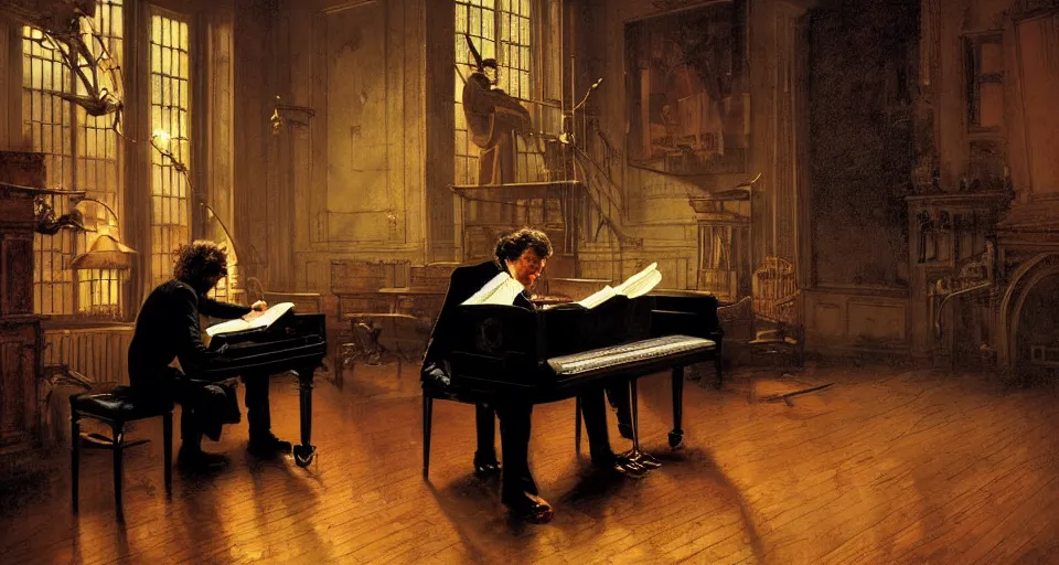 Prompt: beethoven at his piano, musical notes fly, magical sparks, dramatic lighting, highly detailed, digital art, intricate, dramatic lighting, cinematic, art by norman rockwell, greg rutkowski, james gurney