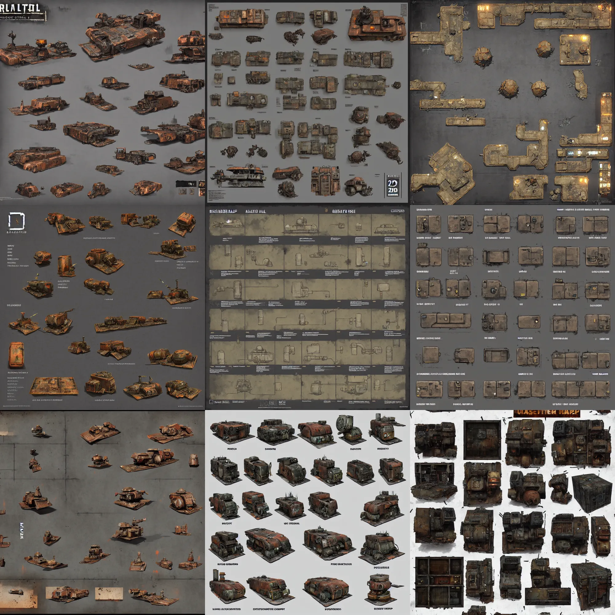 Prompt: 2 d square overhead roll 2 0 map asset sheet, digital painted rusted dieselpunk tanks, 2 - minute tabletop, battle map prop, black background, unity asset store, by greg rutkowski, trending on artstation