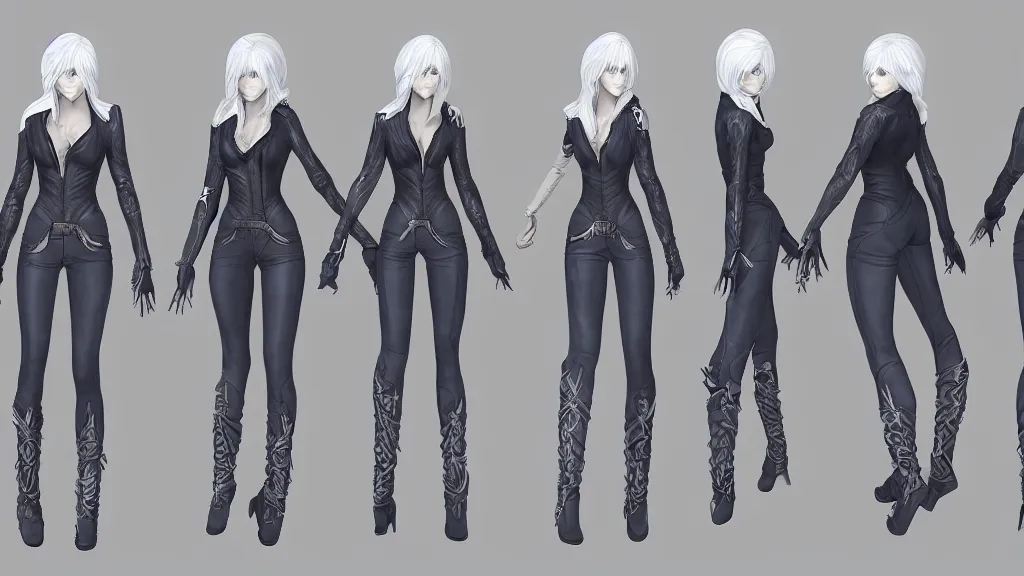 Image similar to devil may cry female Vergil character design sheet, trending on artstation