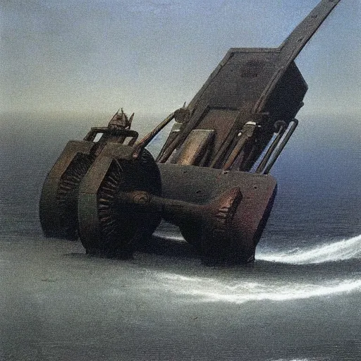 Image similar to naval cannon firing by Zdzisław Beksiński, oil on canvas