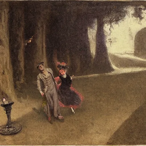 Image similar to young victorian man and woman traversing a dark stone maze, holding torches, hiding, fleeing, painted by alfred stevens