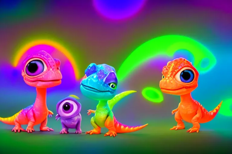 Prompt: pixar designed cute, smiling chibi style baby dinosaurs made entirely out of glowing electrified hypercolor plasma, having fun inside a psychedelic realm made entirely out of love and acceptance and hypercolors. astral beings sharing love. renderman, ray tracing, symmetrical faces, 3 d models