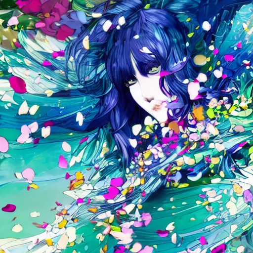 Image similar to background art of spaciously scattered multi colored flower petals flowing through the air from left to right on a clean background, anime, artgerm, manga, trending on artstation, yoji shinkawa, art nouveau