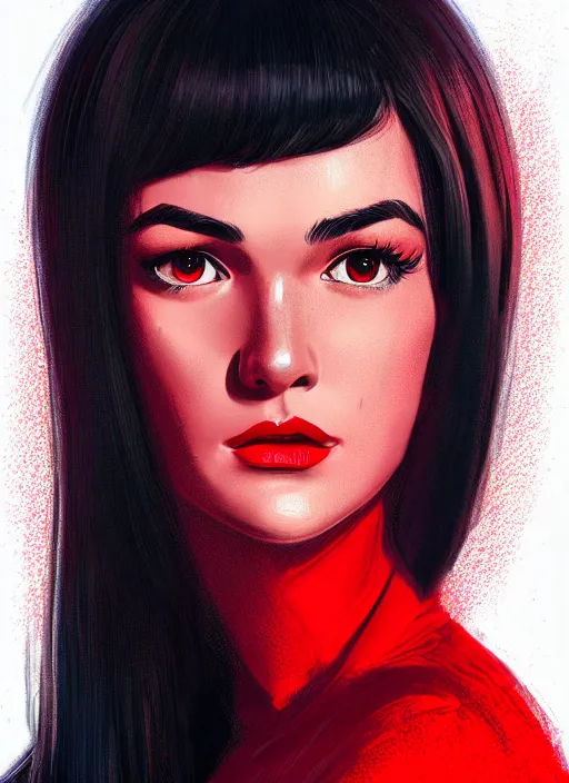 Image similar to portrait of veronica lodge with bangs, 1 9 6 0 s, long hair, red clothes, bangs, intricate, elegant, glowing lights, highly detailed, digital painting, artstation, concept art, smooth, sharp focus, illustration, art by wlop, mars ravelo and greg rutkowski