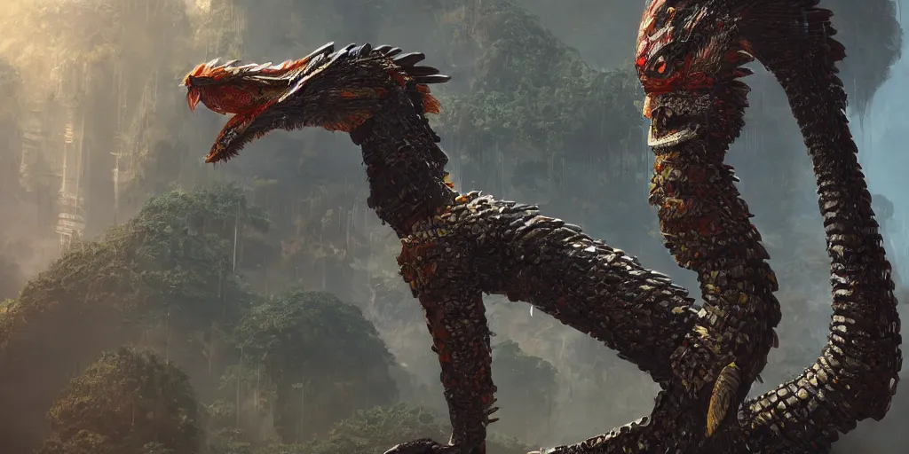Image similar to detailed full body concept art illustration, oil painting on canvas of a quetzalcoatl, biomutant, dystopian, micro detail, octane render, 4K