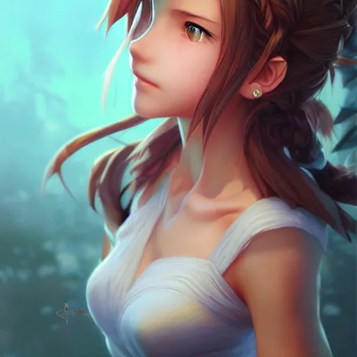 Image similar to aerith from final fantasy by Stanley Artgerm Lau, WLOP, Rossdraws, James Jean, Andrei Riabovitchev, Marc Simonetti, and Sakimichan, trending on artstation