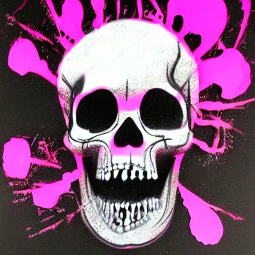 Prompt: a 3 d wireframe pink cartoon skull spray painted on a black background with dripping pink spray paint, three fourths view, graffiti, black background!!!!!