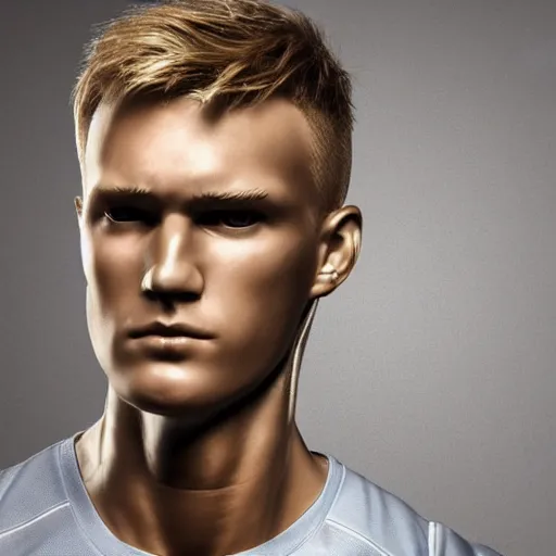 Image similar to a realistic detailed photo of a guy who is an attractive humanoid who is half robot and half humanoid, who is a male android, soccer player martin ødegaard, shiny skin, posing like a statue, blank stare, in a living room, on display, showing off his muscles, gold soccer shorts, side view