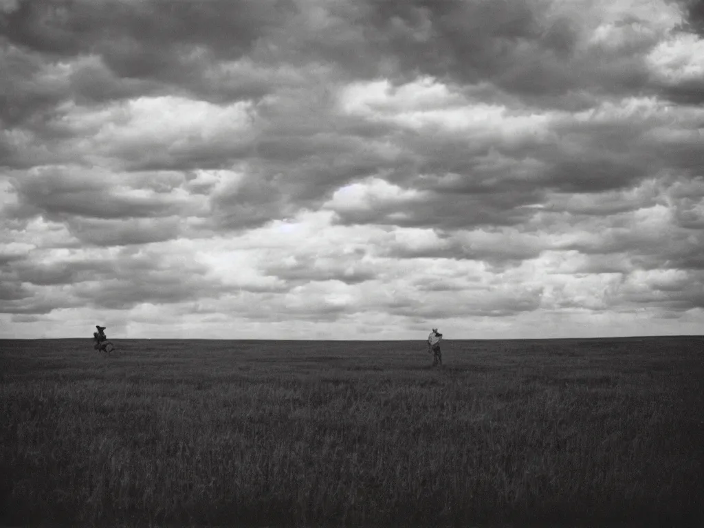 Image similar to Cowboy standing in the prairie and looking at the clouds in the style of Andrei Tarkovsky, cinestill 800t 50mm