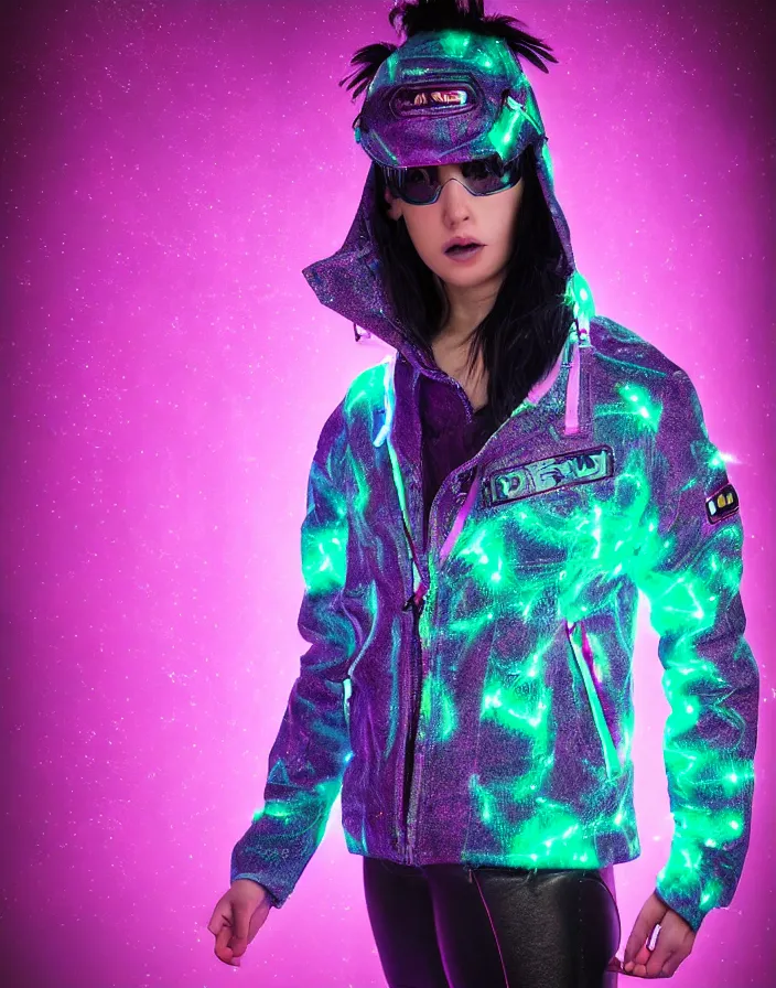 Prompt: autumn season rave jacket with led skin and fluffy lining in the style of cyberdog, futuristic psychedelic hippy, product shot, dark background