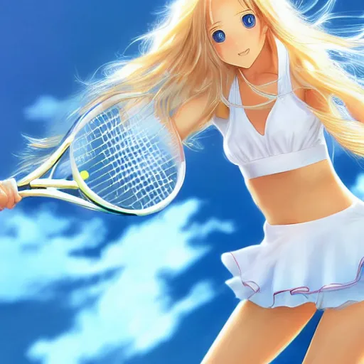 Image similar to a very beautiful young tennis player yuuki asuna, full body, long wavy blond hair, sky blue eyes, full round face, bikini, miniskirt, front view, mid - shot, highly detailed, cinematic wallpaper by stanley artgerm lau