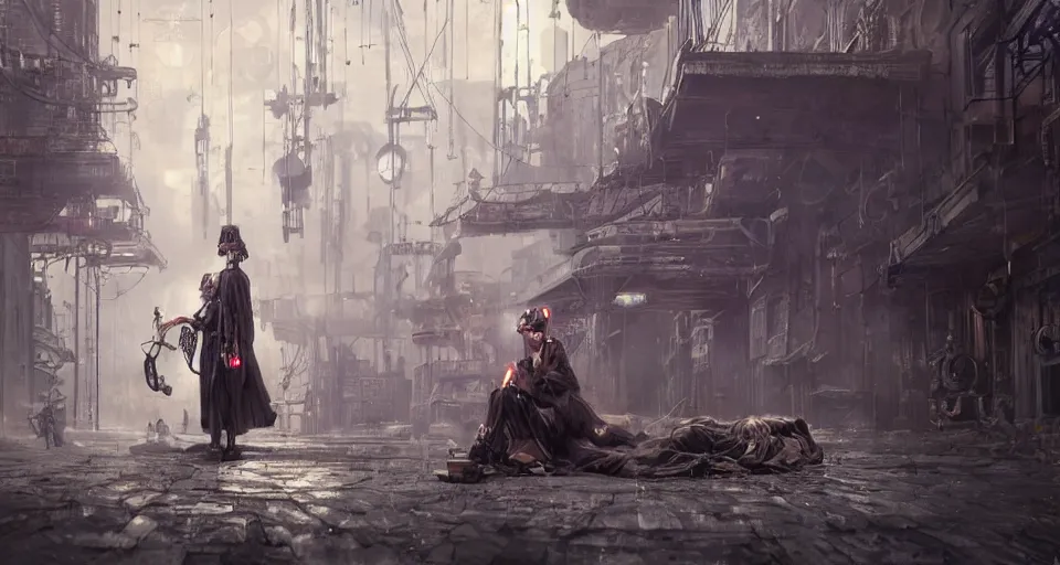 Image similar to a highly detailed epic cinematic concept art CG render digital painting artwork scene: retrofuturistic 1920s cyberpunk steampunk clockwork beggar covered with veil lying on the ground. By Greg Rutkowski, Ilya Kuvshinov, WLOP, Stanley Artgerm Lau, Ruan Jia and Fenghua Zhong, trending on ArtStation, made in Maya, Blender and Photoshop, octane render, excellent composition, cinematic dystopian brutalist atmosphere, dynamic dramatic cinematic lighting, aesthetic, very inspirational, arthouse