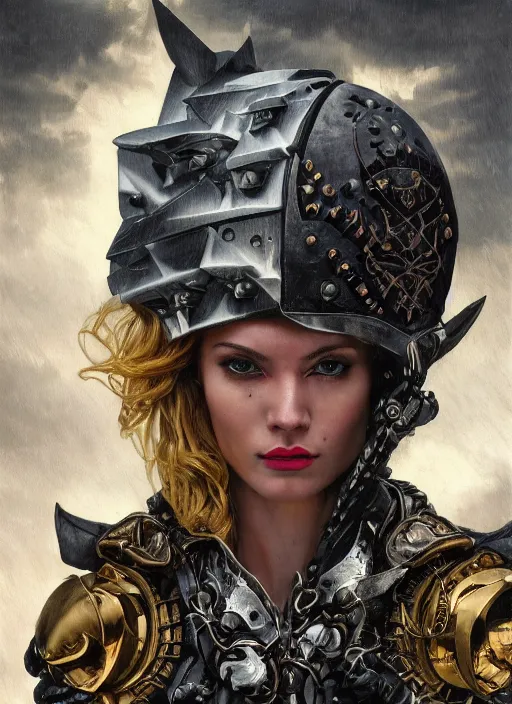 Image similar to fashion pose, symmetry!!! closeup portrait of a biblical diabolical pirate hunter girl, stylish cyborg armor, in clouds, strong studio lights, thunder, rain! storm, sunset, by gerald brom, by mikhail vrubel, by peter elson, high contrast, muted colors, extreme detail, mirrors, trending on artstation, 8 k