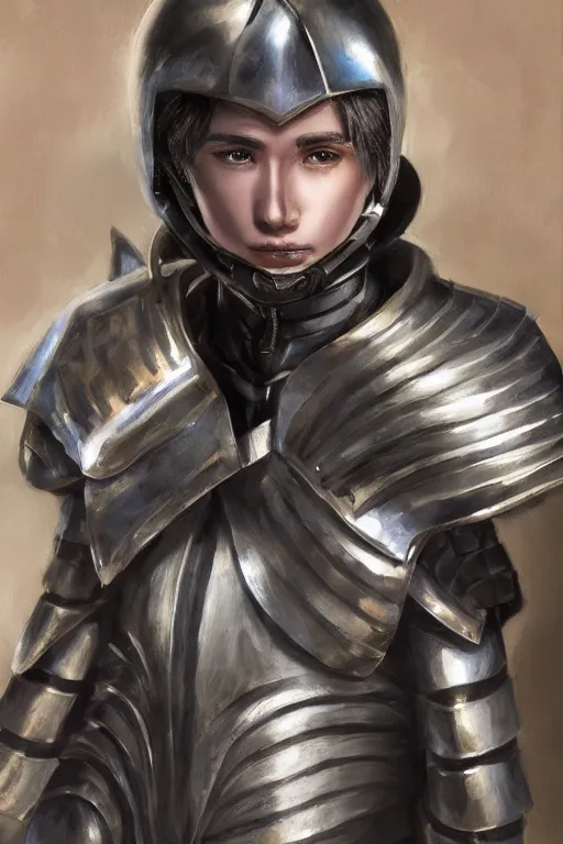 Image similar to a male teenager wearing a silver plate armor, short black hair, artgem style, fancy lighting, complementary colours, face portrait, harmonious, soft colors, digital painting, masterpiece, realistic and detailed face, color painting, realistic, highly detailed, high quality, portait picture, anatomically correct, pixar and disney style, anime style