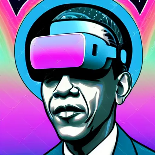 Prompt: Obama wearing a VR headset, art nouveau, synthwave, portrait