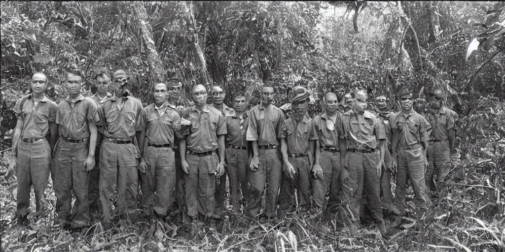 Image similar to 1960s photograph of a cthulhu monster next to US marines in a vietnamese jungle, colorized scan, detailed