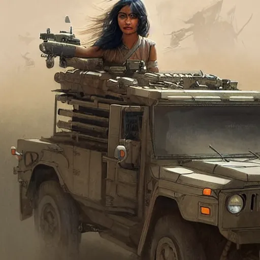 Prompt: A pale young indian woman driving a Humvee from Battlefield 2042, very detailed face, gorgeous, beautiful, intricate, highly detailed, digital painting, artstation, concept art, sharp focus, illustration, art by greg rutkowski and alphonse mucha