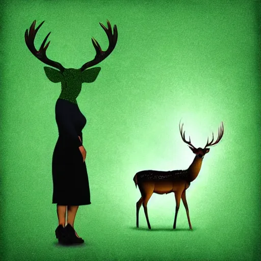 Prompt: a woman facing a giant deer made of green fire, digital art, complex brushstrokes, soft contrast