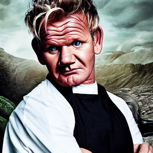 Image similar to gordon ramsay depicted as pippin hobbit