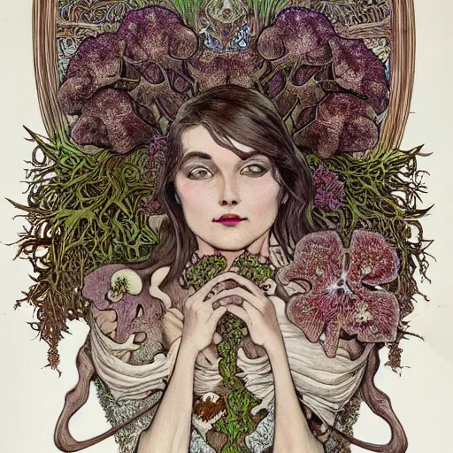 Image similar to a beautiful detailed front view portrait of a rotten woman corpse with fractal plants and fractal flowers and mushrooms growing around, symmetrical, ornate, ornamentation, illustration, in the style of art nouveau, mucha