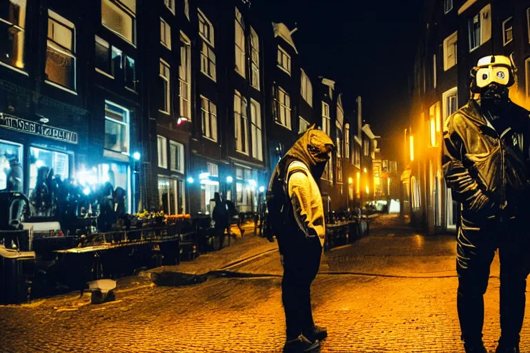 Prompt: photography of a cypherpunk arrested in amsterdam at night
