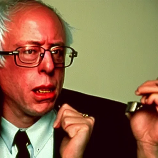 Prompt: Bernie Sanders wearing money in American Psycho (1999)