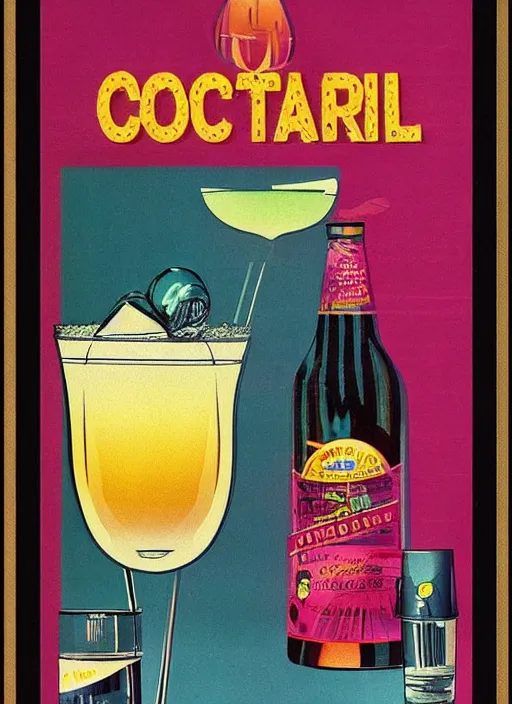 Prompt: 80's cocktail drink poster, lighting