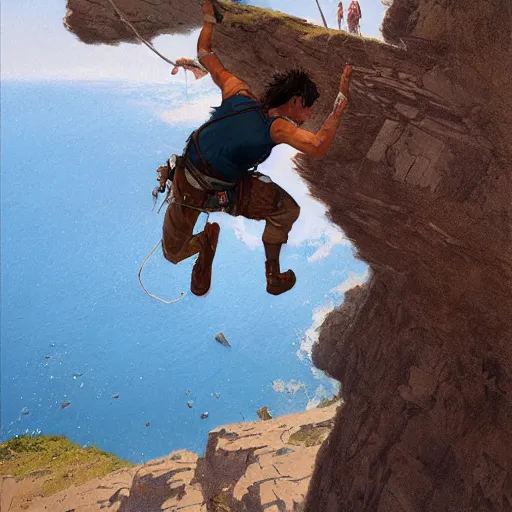 Image similar to adventurer hanging off a rocky cliff holding on by one hand, top down view by Greg Rutkowski by James Gurney