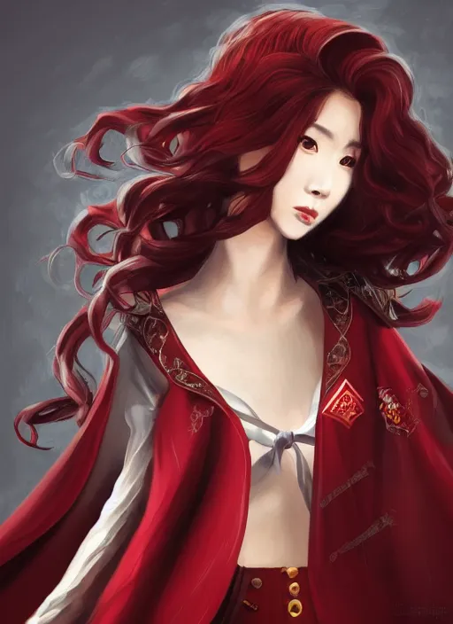 Image similar to a highly detailed illustration of beautiful long dark red haired japanese woman wearing wine red epaulette uniform and coat cape, dramatic floating strings pose, intricate, elegant, highly detailed, centered, digital painting, artstation, concept art, smooth, sharp focus, league of legends concept art, wlop