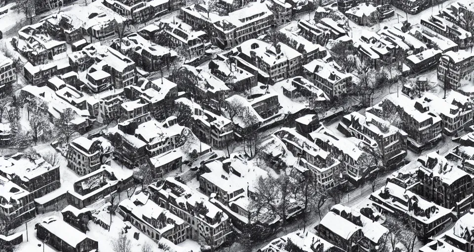 Image similar to aerial image of a street in the winter, black and white photograph by andre kertesz