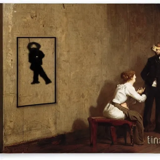 Image similar to a man and a woman solving an escape room puzzle, mysterious markings on the wall, by alfred stevens