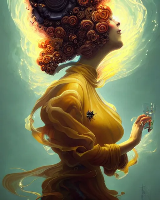 Prompt: portrait of a Beekeeper priestess with a honeycomb blouse and flowing liquid smoke hair, swirling petal storm, radiant light, peter mohrbacher, artgerm