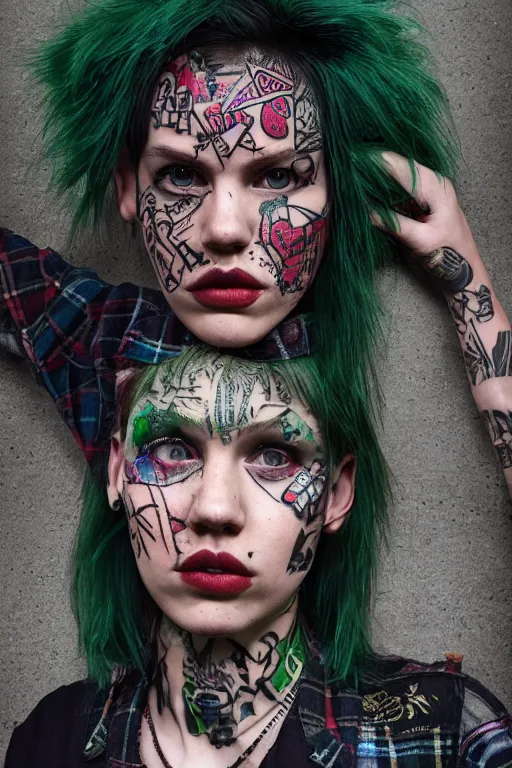 Image similar to upper body portrait hannah murray as a punk woman with green mohawk, covered in neotraditional style tattoos, septum ring, piercings, wearing a bold tee shirt, flannel jacket, fishnets and a long tartan skirt, intimidating, max details, hyperrealistic, photorealistic, ultra - realistic, ultra - detailed, cinematic, 8 k resolution by alan lee