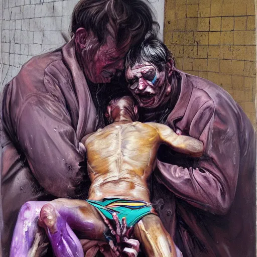 Image similar to high quality high detail painting of two men in agony on the streets of london by lucian freud and jenny saville and francis bacon and malcom liepke and nicola samori, hd, anxiety, two men crying and screaming, turquoise and purple and orange and pink, dark atmosphere